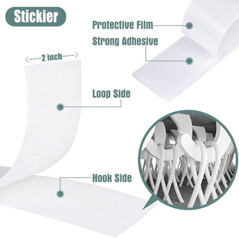 Heavy Duty 2 Inch X 27 Feet White Hook And Loop Tape With Super Grippy Self Adhesive Back showcasing loop and hook sides for organization.