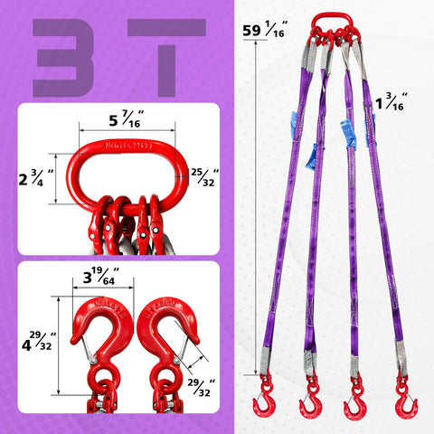 Four Leg Bridle Web Sling Five Foot Heavy Duty Lifting Strap 6600lbs Capacity With G80 Alloy Steel Grab Hooks and Adjuster