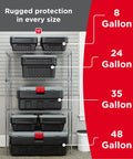 Metal shelving with ActionPacker storage bins in various sizes, including ActionPacker 35 Gallon Lockable Storage Bin With Wheels Built For Rugged Outdoor Adventures Beat The Elements Heavy Duty Rainproof And Pest Proof Ideal For Camping Truck Bed Storage Industrial Jobs And Gear Organization.