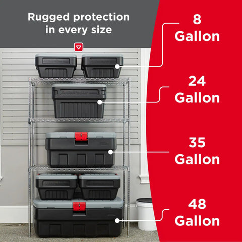 Metal shelving with ActionPacker storage bins in various sizes, including ActionPacker 35 Gallon Lockable Storage Bin With Wheels Built For Rugged Outdoor Adventures Beat The Elements Heavy Duty Rainproof And Pest Proof Ideal For Camping Truck Bed Storage Industrial Jobs And Gear Organization.