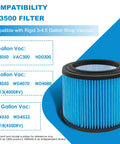 VF3500 Fine Dust Filter Replacement For Rigid Wet Dry Shop Vacuums Three Quarter To Four Point Five Gallon Pack Of Four shown