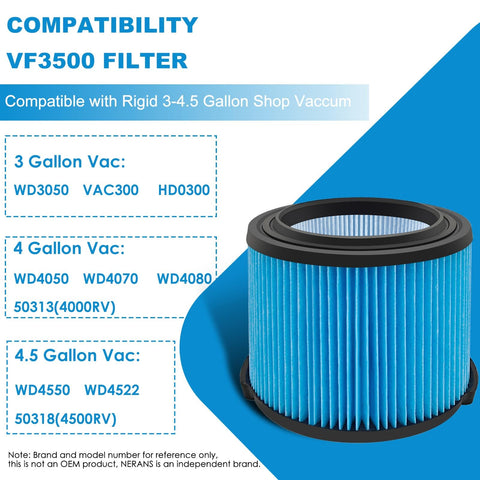 VF3500 Filter Replacement Fits Rigid Three To Four And A Half Gallon Wet Dry Portable Vacuums Fine Dust Filter 26643 Replaces WD40700 WD30500 compatibility chart and filter