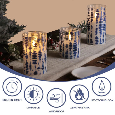 Blue Dots Flameless LED Candles In Glass Jars Set Of 3 With Remote Control Realistic Flicker Pillar Candles Battery Powered