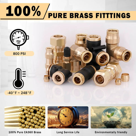 Front view of CheeMuii 80 pc brass air fittings kit with DOT push-lock and compression unions for 1/8-1/2 in hoses