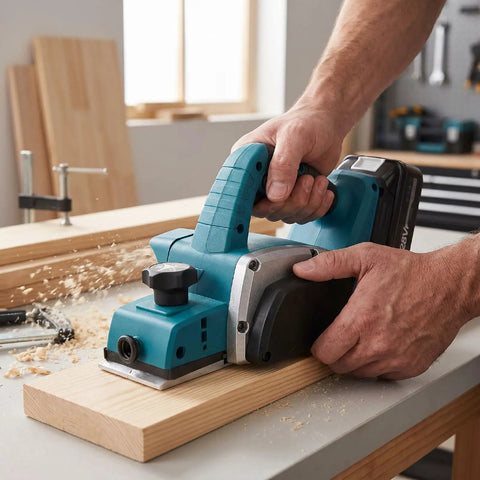 Heavy Duty Cordless Hand Planer With A Beefy 15000 RPM Brushless Motor, Slick Two Millimeter Cut Depth, And Tough Carbide Blades in use on wood.