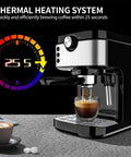 No Hassle Automatic Coffee And Milk Frother Machine With Adjustable Strength Control brewing espresso in 25 seconds.