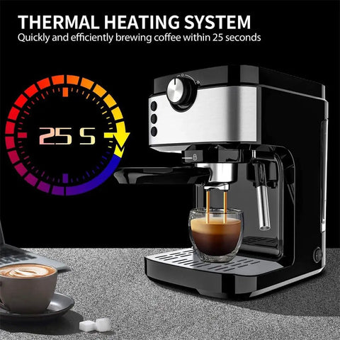 No Hassle Automatic Coffee And Milk Frother Machine With Adjustable Strength Control brewing espresso in 25 seconds.