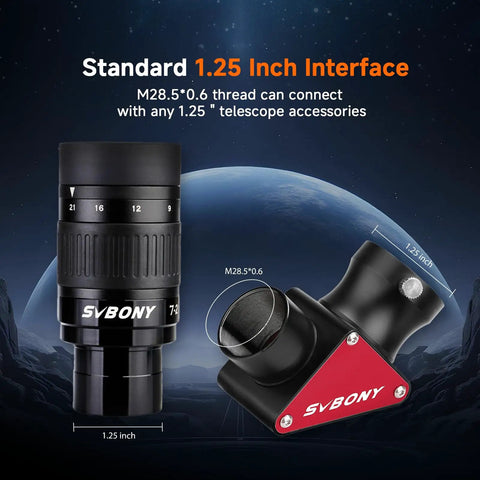 SV135 Zoom Eyepiece for 1.25 Inch Telescopes With 7 To 21mm Adjustable Focal Length, focusing on standard 1.25 inch interface