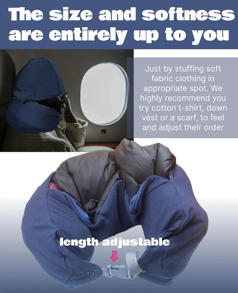 Travel Neck Pillow With Built In Two Way Hood And Stuffable Pocket Turns Pillow Into Extra Carry On Luggage Cotton Light Blocking Navy Lightweight Comfort For Long Hauls And Air Travel, adjustable navy cotton hooded neck pillow