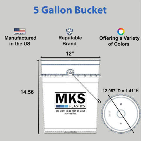 Diagram of 5 Gallon Airtight Bucket With Gasket Lid, showing dimensions, brand logo, and design features.