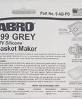 ABRO 999 Grey RTV Silicone Gasket Maker packaging with application instructions and compatibility chart.