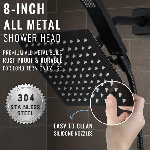 Matte Black Shower Faucet Set With Dual Square Heads And Handheld Wand No-Fuss Complete Kit With Diverter Hose And Pressure Balance Rough-In Valve For Easy Install displaying 8-inch metal square shower head with silicone nozzles