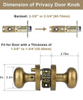 Antique Brass Door Knob With Privacy Lock, Vintage Style Interior Door Knob For Bedroom And Bathroom dimensions shown