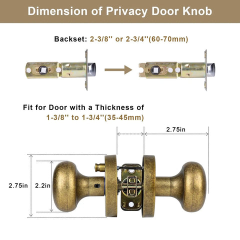 Antique Brass Door Knob With Privacy Lock, Vintage Style Interior Door Knob For Bedroom And Bathroom dimensions shown