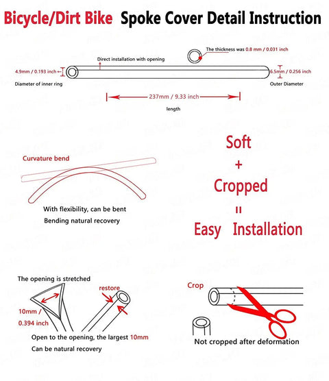 Detailed installation instructions for bicycle spoke covers, highlighting dimensions and easy cropping for Colorful Bicycle Spoke Skins Wraps Kit 72 Pcs Wheel Decoration For Bike Wheels Easy Install With 11 Colors To Mix And Match Dope Pink Included Perfect For Schoolmate And City Bikes.