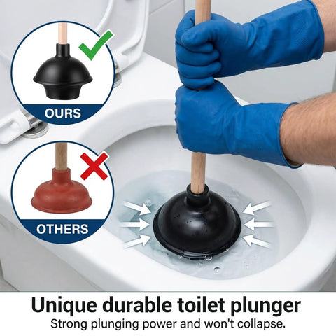 Six Piece Heavy Duty Toilet Plunger Set With Holder in use, demonstrating strong suction, commercial rubber cup for stubborn clogs.