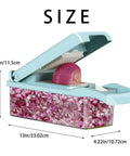 Ourokhome 12-in-1 vegetable chopper and onion cutter, blue body with pink mosaic base and built-in basket.