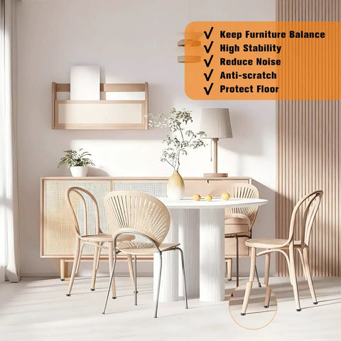 12 Pack 1/4 Inch Threaded Leveling Feet Set For Furniture Durable Screw In Floor Protectors And Table Levelers Ideal For Tables Cabinets Chairs And Stool Legs Easy Install No Slip Feet installed on dining chairs and table.