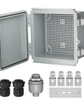 All Weather Outdoor Electrical Box IP67 6x6 Plastic Project Enclosure Rugged Waterproof Weatherproof For WiFi Electronics Solar Network Marine Use With Stainless Steel Hinged Lid open with accessories shown