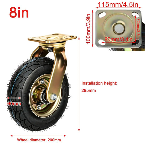 Heavy Duty Rubber Casters 2 Pack 8 Inch Swivel And Fixed Industrial Wheels With Mounting Screws showing 200mm wheel diameter and specs.