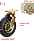 Zero Fuss Heavy Duty Casters With Pneumatic Rubber Tires Industrial Swivel And Fixed Wheels Eight Inch showing 8in caster with gold frame and black tire.