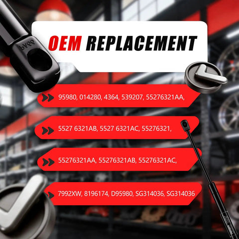 Front Hood Gas Struts Shocks for Dodge Ram with OEM replacement part numbers shown on a red arrow list