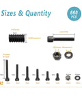 Metric Screw Kit 660 Pcs M2 Hardware Set With detailed screw sizes, nuts, and washers shown for DIY projects and repairs.