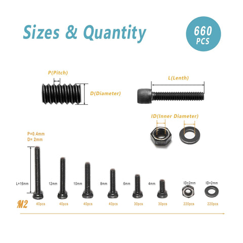 Metric Screw Kit 660 Pcs M2 Hardware Set With detailed screw sizes, nuts, and washers shown for DIY projects and repairs.