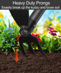 Beefy Heavy Duty Garden Hoe And Cultivator with 45-inch handle and stainless steel head in garden soil with flowers