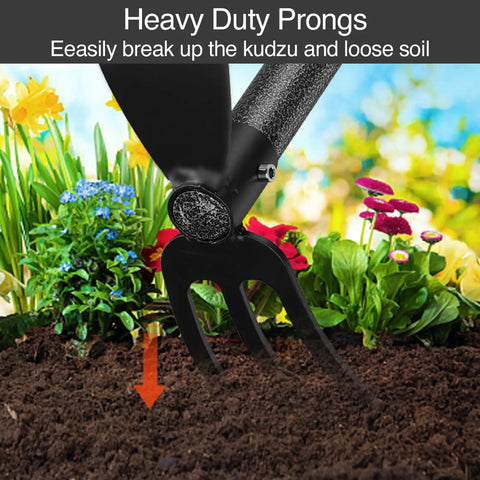 Beefy Heavy Duty Garden Hoe And Cultivator with 45-inch handle and stainless steel head in garden soil with flowers