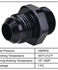 Heavy Duty Hella Badass Slick Black 6AN Flare To AN6 ORB Male Fuel Line Adapter Fitting Made Of 6061 Aluminum Rated 1500 PSI, showing nozzle detail.