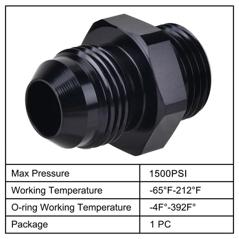 Heavy Duty Hella Badass Slick Black 6AN Flare To AN6 ORB Male Fuel Line Adapter Fitting Made Of 6061 Aluminum Rated 1500 PSI, showing nozzle detail.