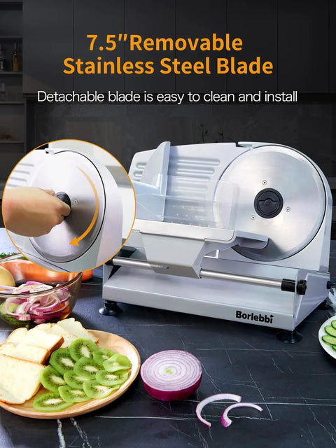 Heavy Duty Electric Meat Slicer With A Simple Thumb Dial And Two Removable 7.5 Inch Blades For Big Time Slicing Power And Hassle Free Restaurant Style Kitchen Work