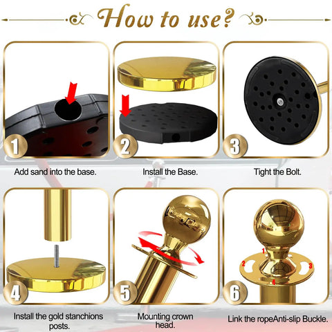 How to assemble Gold Stanchions With Red Velvet Ropes, 6 Posts And 4 Five Foot Ropes, Crowd Control Barriers illustration
