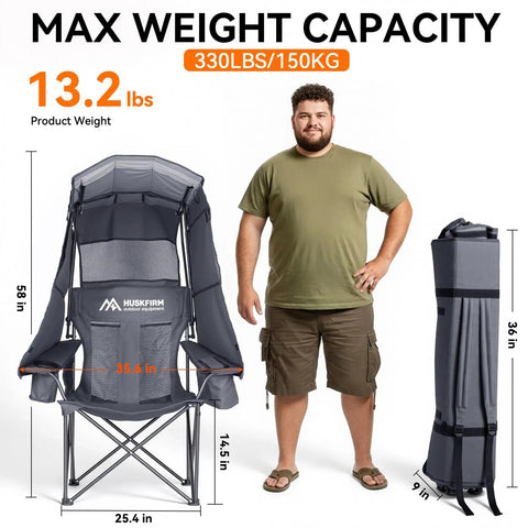 Grab And Go Camping Chair With Canopy Shade And UPF Fifty Plus Protection shown fully open, folded, with a person for scale.