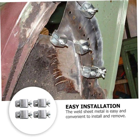 Superior Butt Welding Jigs For Sheet Metal And Auto Body Work Includes Eight Heavy Tack Welding Clamps holding metal sheets.