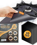Set Of 10 Gas Stove Burner Covers Nonstick Reusable Stovetop Protectors 10.6 By 10.6 Inches Black Double Thickness For Mess Free Cooking And Easy Cleanup displayed on a stove