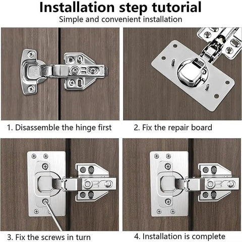 Installation tutorial for Stainless Steel Cabinet Hinge Repair Plate Fixing Bracket With Screws on cupboard door.