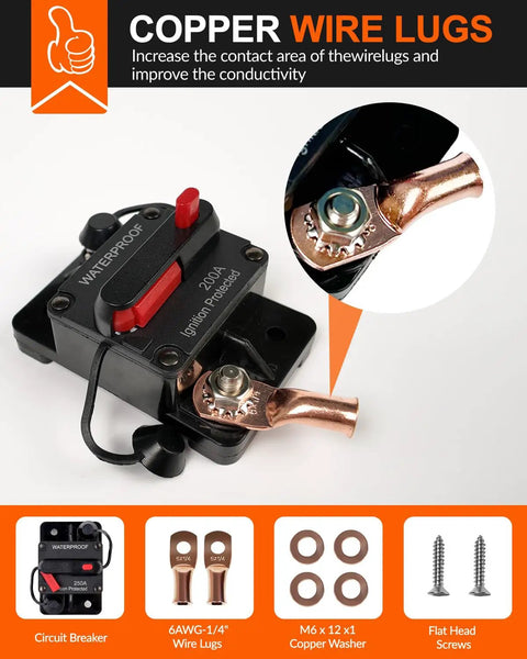 Tough As Nails 150 Amp Manual Reset Inline Circuit Breaker Waterproof DC 12V to 48V with copper wire lugs and screws.