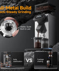 Commercial Grade 64mm Flat Burr Coffee Grinder Hella Precise With 90 Adjustments For Espresso Pour Over French Press Anti Static Dc Motor LED Timer Stainless Steel Body, all-metal construction.