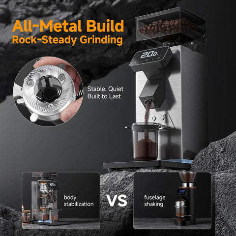 Commercial Grade 64mm Flat Burr Coffee Grinder Hella Precise With 90 Adjustments For Espresso Pour Over French Press Anti Static Dc Motor LED Timer Stainless Steel Body, all-metal construction.