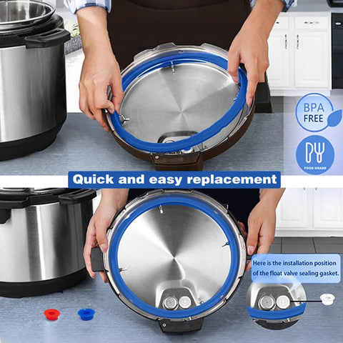 Person installing Three Pack 6 Qt Instant Pot Sealing Ring Replacement Kit With Three Float Valve Caps Food Grade Silicone Gasket