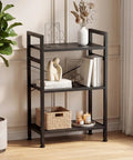 Dope Three Tier Industrial Bookcase With Metal Frame Black Finish for decor and books in living room setting.
