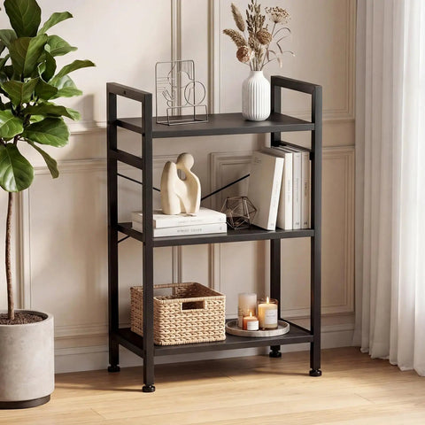 Dope Three Tier Industrial Bookcase With Metal Frame Black Finish for decor and books in living room setting.