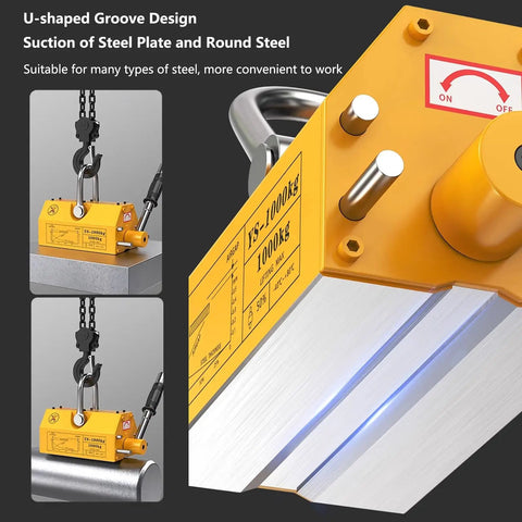 Heavy Duty Magnetic Lifter And Steel Plate Hook With Dual Safety Lock For Shop And Construction Sites Featuring Solid Grip Neodymium Power That Handles Thick Steel Without Breaking A Sweat showing U-shaped groove design and chain attachment.