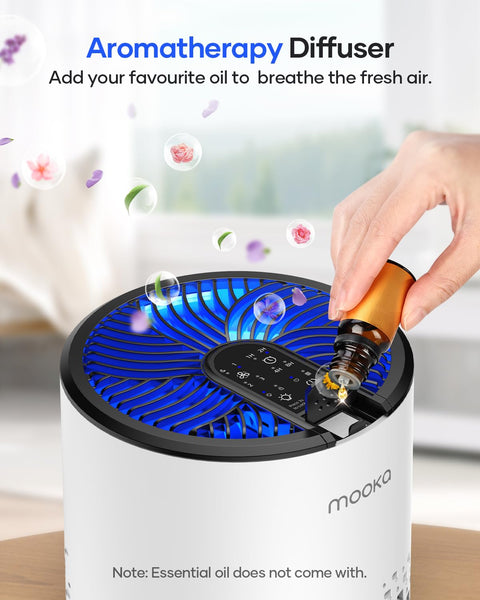 Hand adding essential oil to a Bedroom HEPA Air Purifier Pet Friendly For Allergens With Fragrance Sponge 360 Degree Air Cleansing