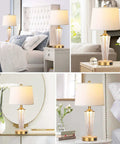 Gold Finish Table Lamp Set Of 2 with Night Lights and USB Ports, white lampshade in bedroom and living room settings