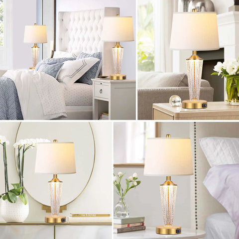 Gold Finish Table Lamp Set Of 2 with Night Lights and USB Ports, white lampshade in bedroom and living room settings