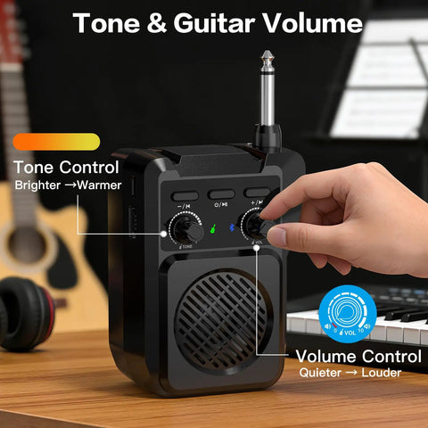 Close-up of controls on Pocket Sized 5W Mini Guitar Amp With Bluetooth And USB Playback Four Built In Effects Clean Overdrive Distortion Reverb Rechargeable For Up To Eight Hours Compact 6.35mm Input For Electric Guitar