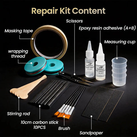 Fishing Rod Repair Kit With Epoxy, 10 Carbon Fiber Sticks, Wrapping Thread, Tape, Sandpaper, Brush, Scissors And Storage Box
